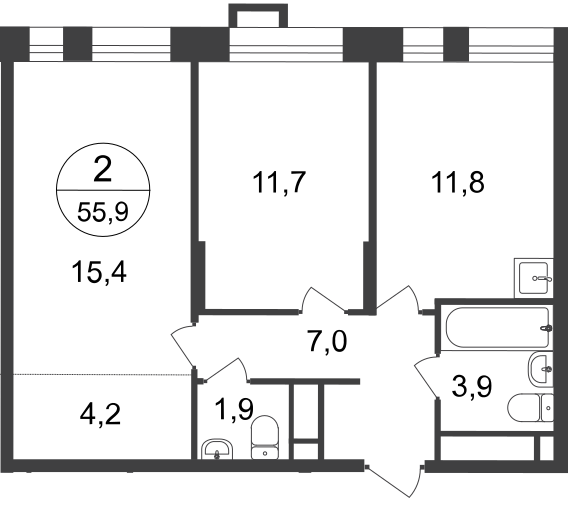 2 комн. квартира, 55.9 м², 17 этаж  (из 20)
