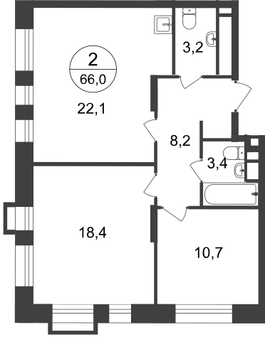 2 комн. квартира, 66 м², 16 этаж  (из 20)