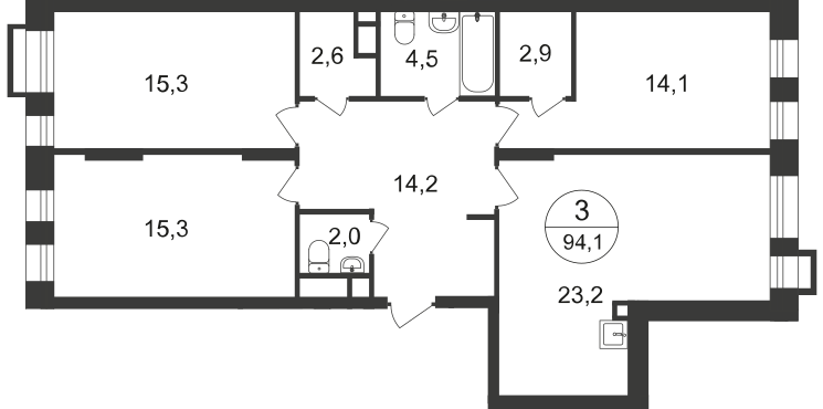 3 комн. квартира, 94.1 м², 2 этаж  (из 20)