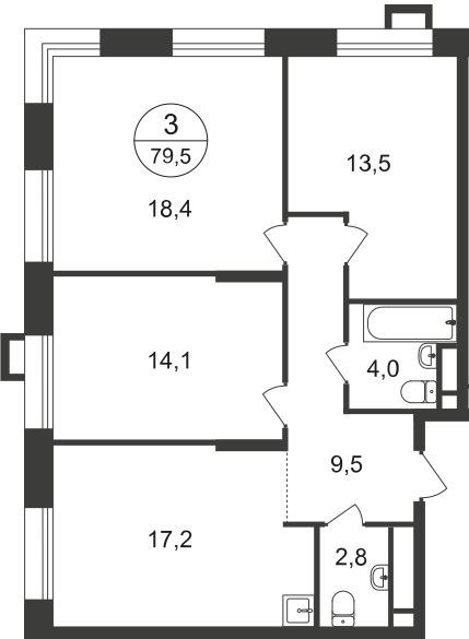 3 комн. квартира, 79.5 м², 21 этаж  (из 21)