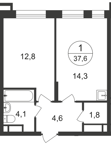 1 комн. квартира, 37.6 м², 19 этаж  (из 21)