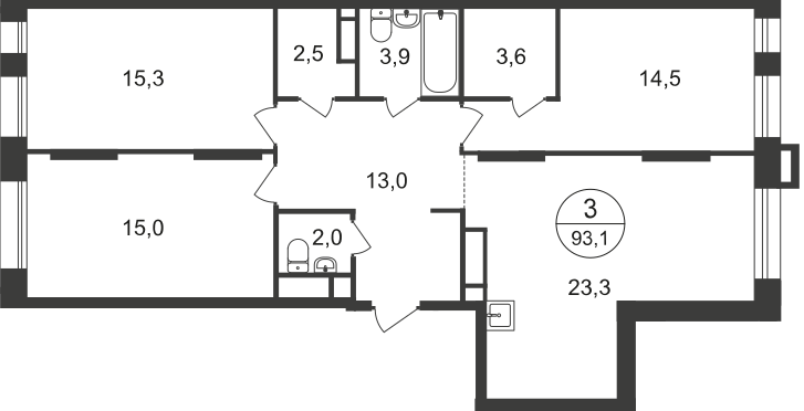 3 комн. квартира, 93.1 м², 13 этаж  (из 21)