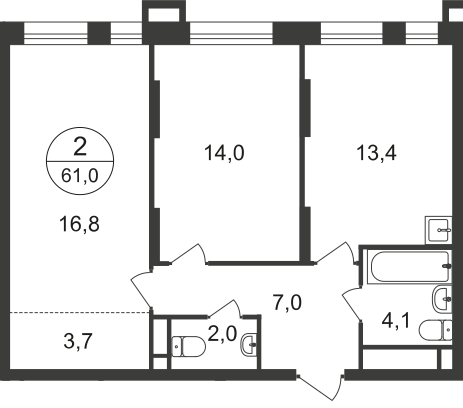 2 комн. квартира, 61 м², 16 этаж  (из 21)