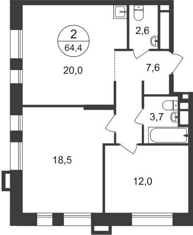 2 комн. квартира, 64.4 м², 18 этаж  (из 21)