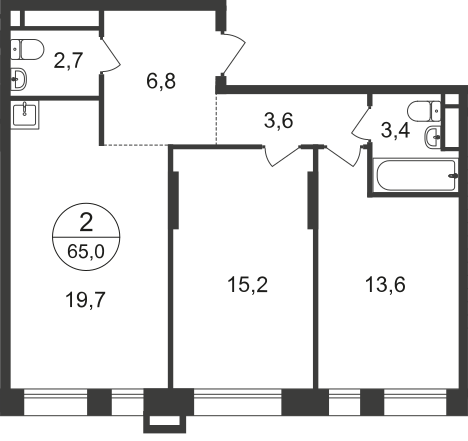 2 комн. квартира, 65 м², 17 этаж  (из 21)