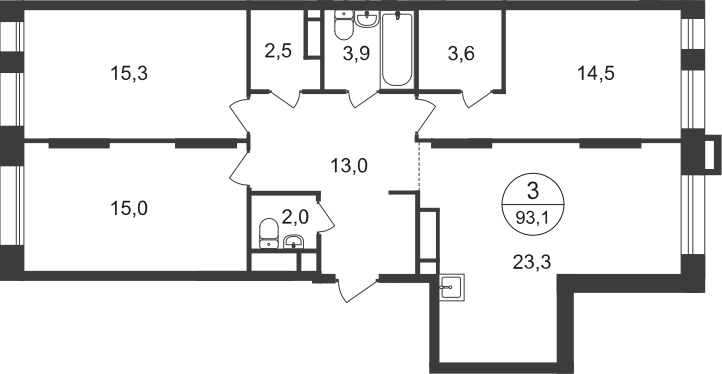 3 комн. квартира, 93.1 м², 17 этаж  (из 21)