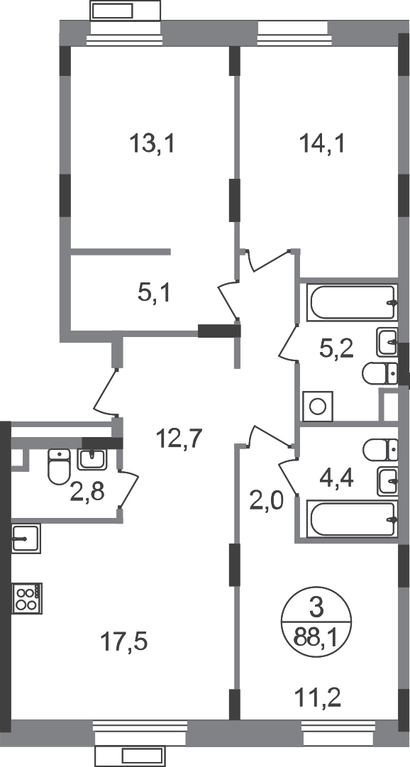 3 комн. квартира, 88.1 м², 2 этаж  (из 9)