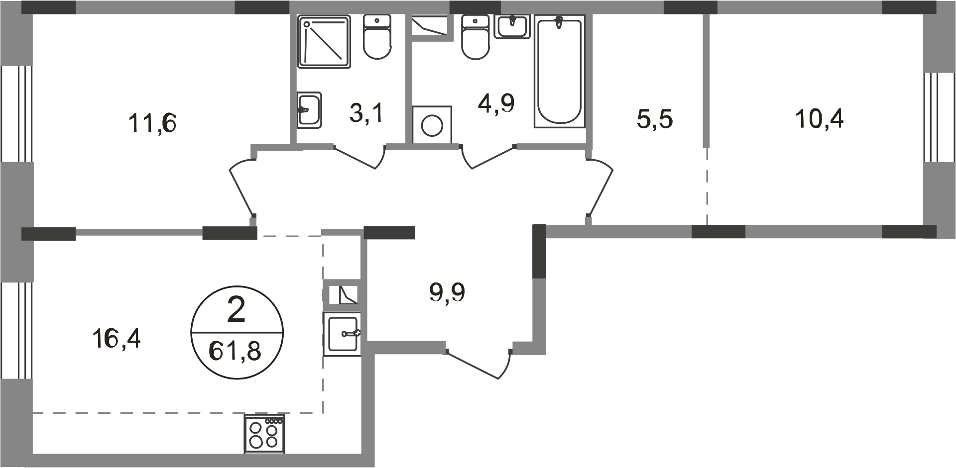 2 комн. квартира, 61.8 м², 1 этаж  (из 9)