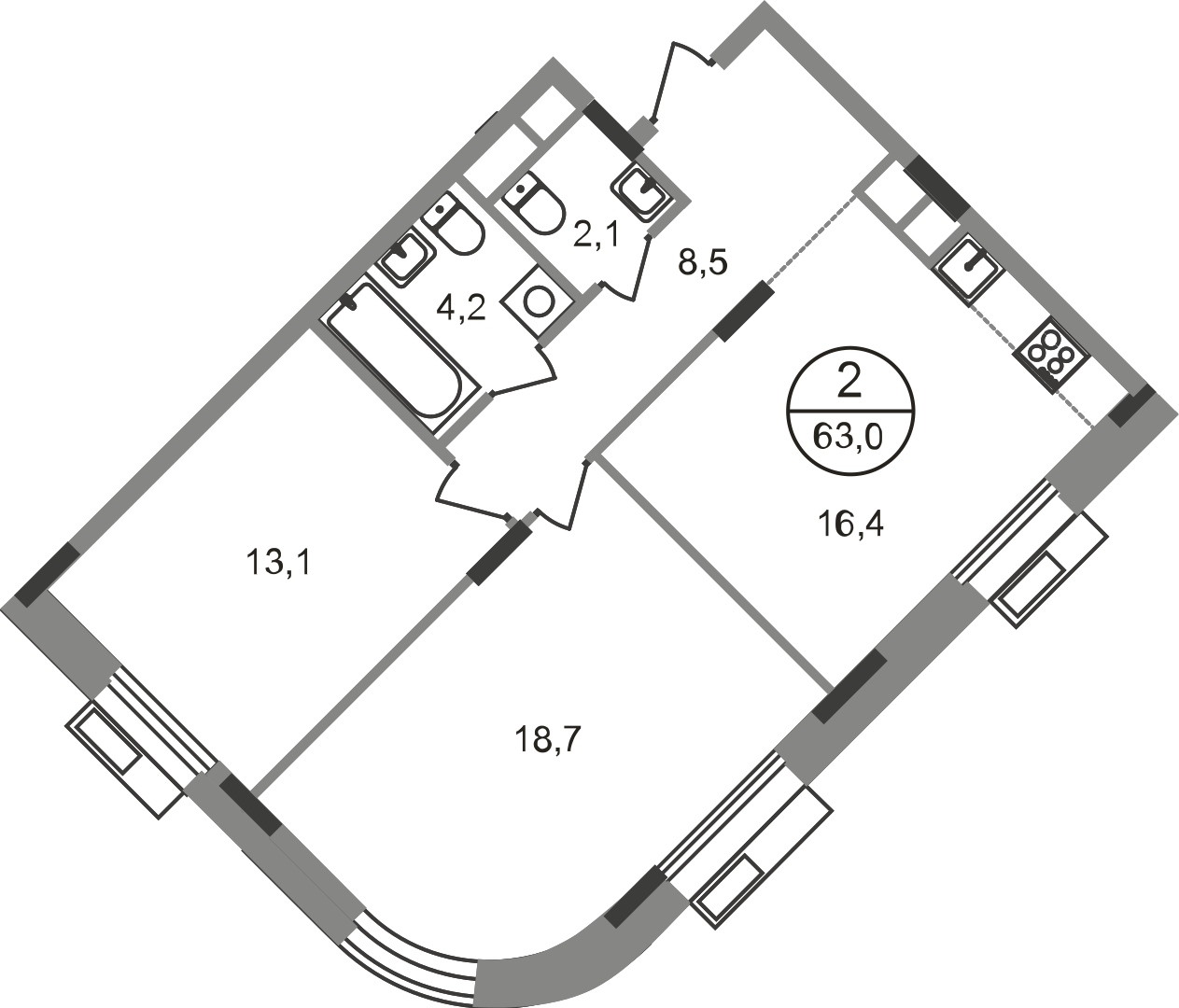 2 комн. квартира, 63 м², 2 этаж  (из 9)