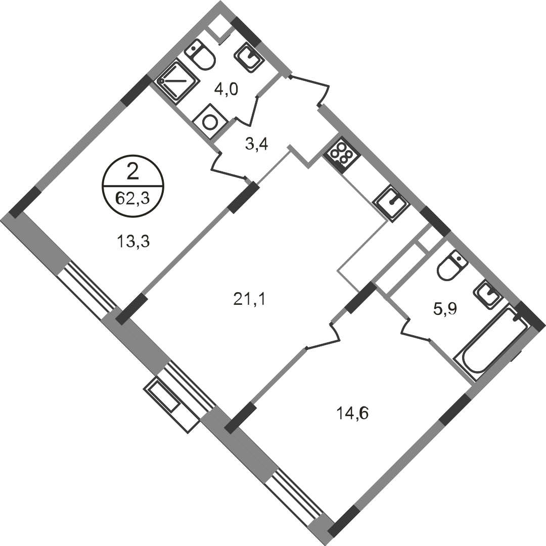 2 комн. квартира, 62.3 м², 2 этаж  (из 9)