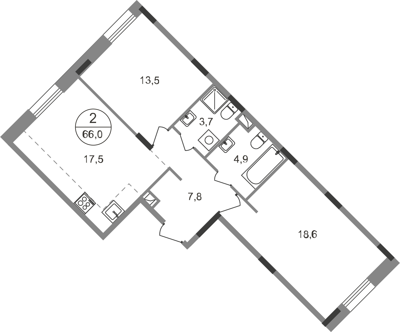 2 комн. квартира, 66 м², 1 этаж  (из 9)
