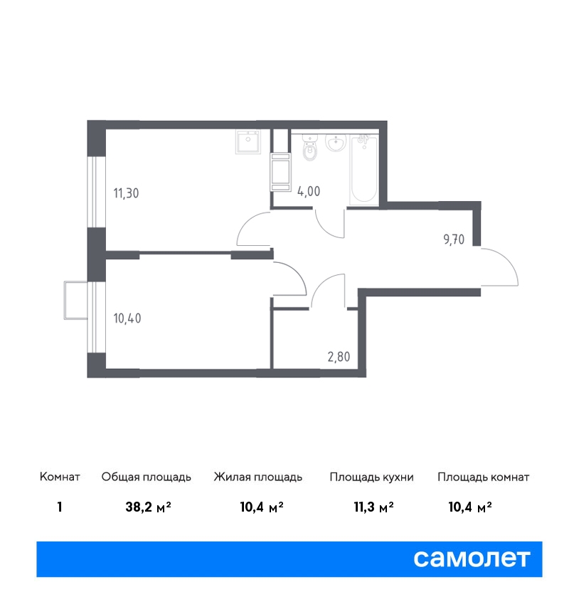 1 комн. квартира, 38.2 м², 10 этаж  (из 16)