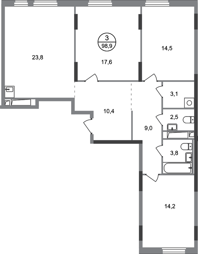 3 комн. квартира, 98.9 м², 16 этаж  (из 17)