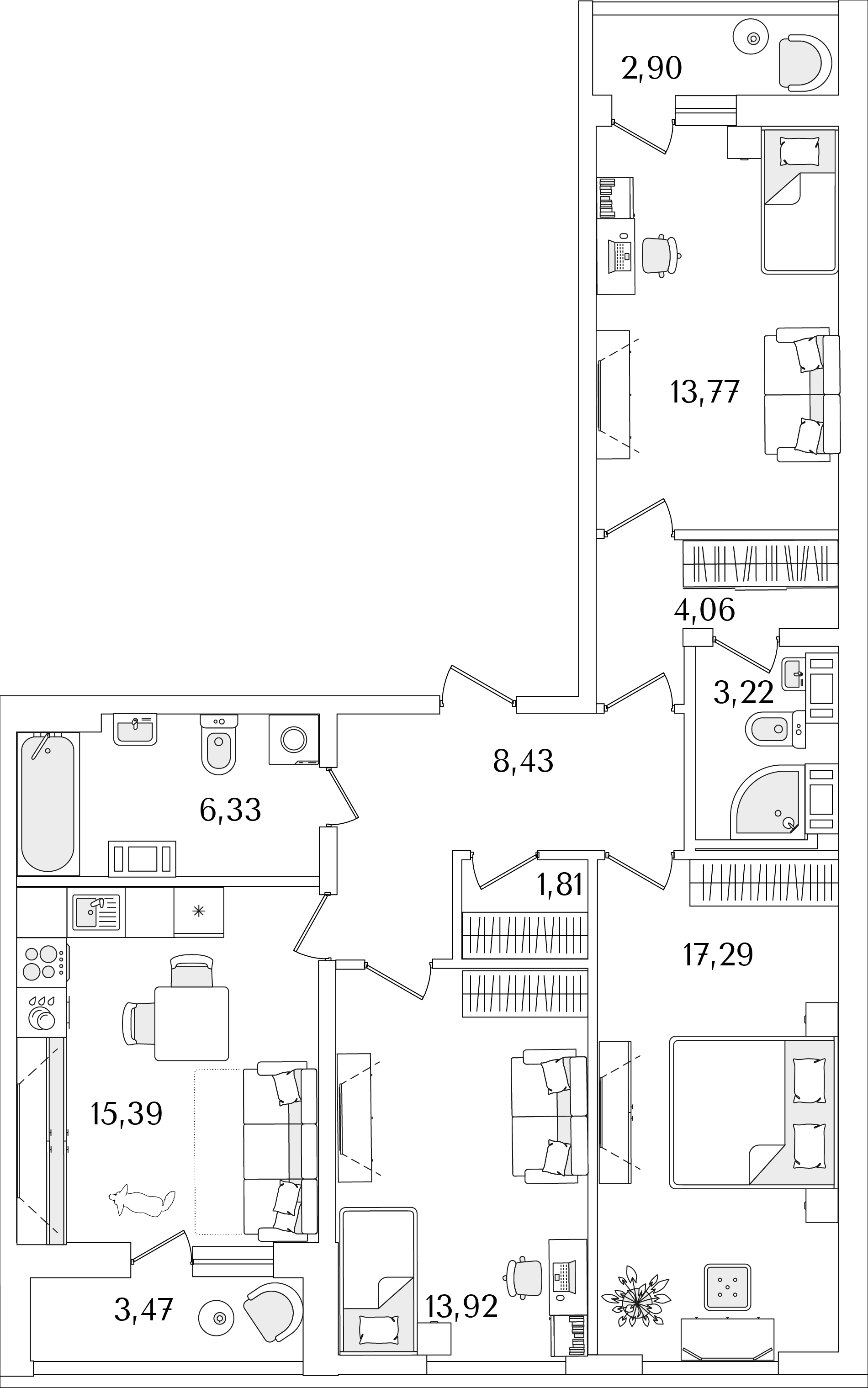 3 комн. квартира, 87.4 м², 11 этаж 