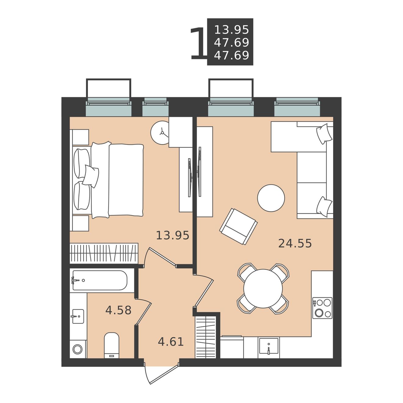 1 комн. квартира, 47.7 м², 3 этаж 