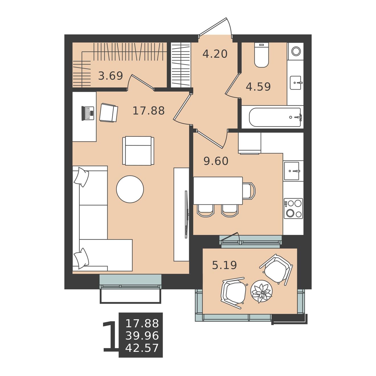 1 комн. квартира, 42.6 м², 5 этаж 