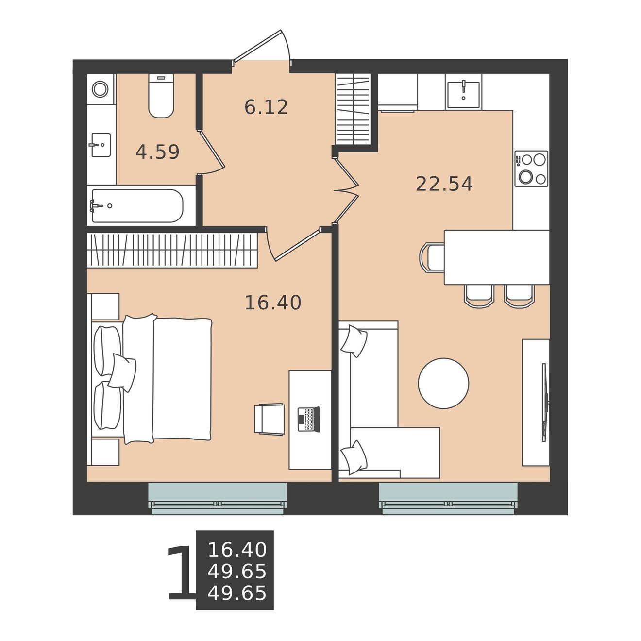 1 комн. квартира, 49.6 м², 1 этаж 