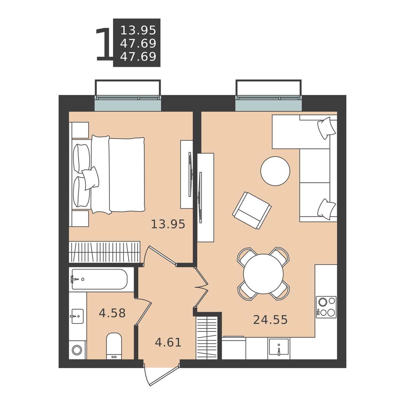 1 комн. квартира, 47.7 м², 5 этаж 
