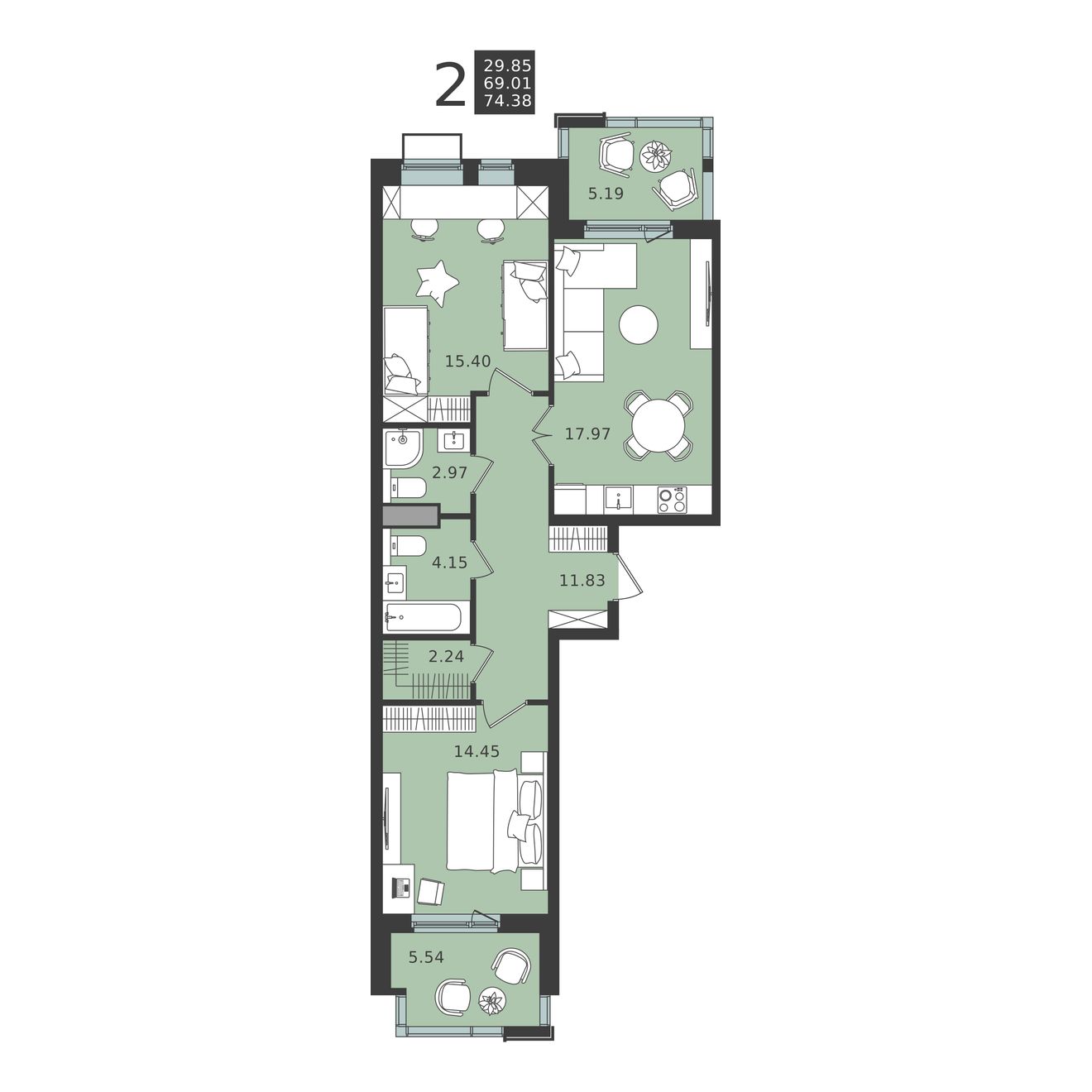 2 комн. квартира, 74.4 м², 2 этаж 