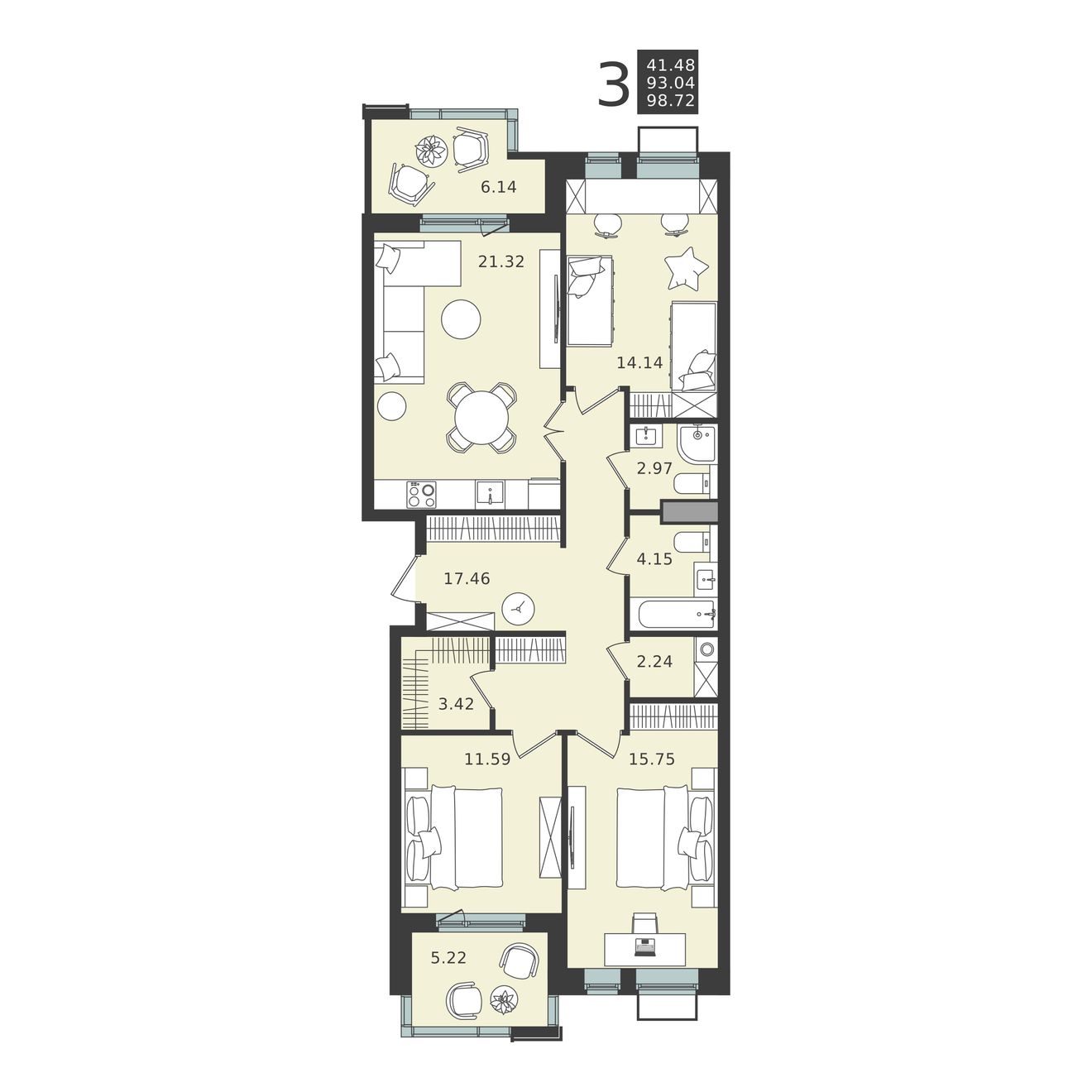 3 комн. квартира, 98.7 м², 4 этаж 
