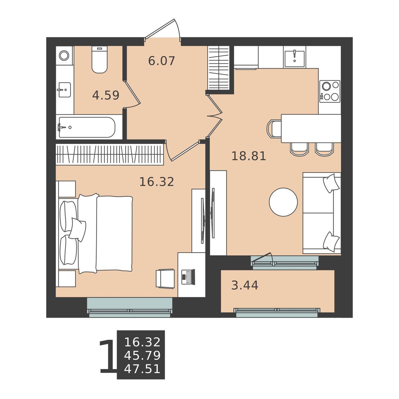 1 комн. квартира, 47.5 м², 1 этаж 