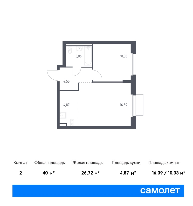 1 комн. квартира, 40 м², 9 этаж  (из 17)