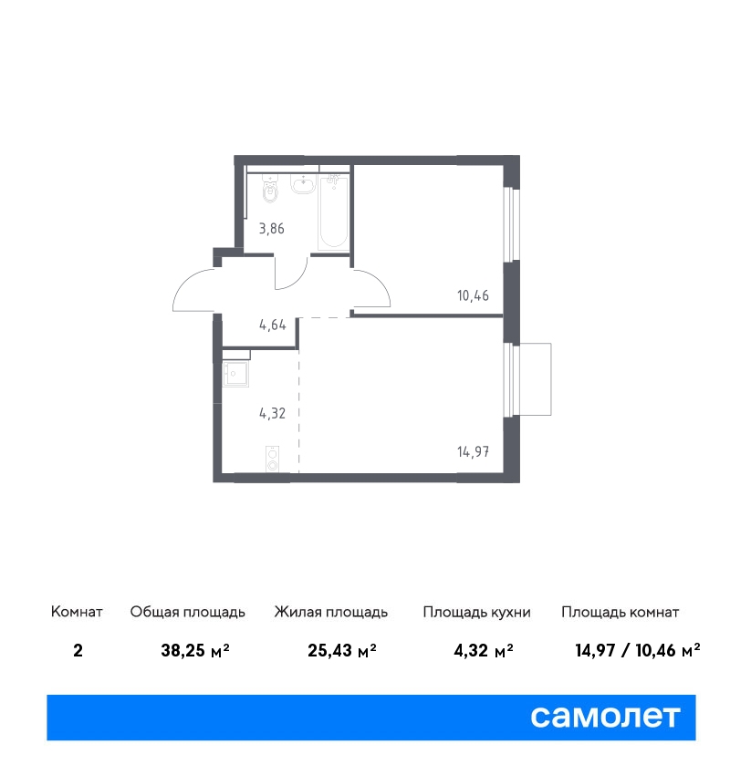 1 комн. квартира, 38.2 м², 15 этаж  (из 17)
