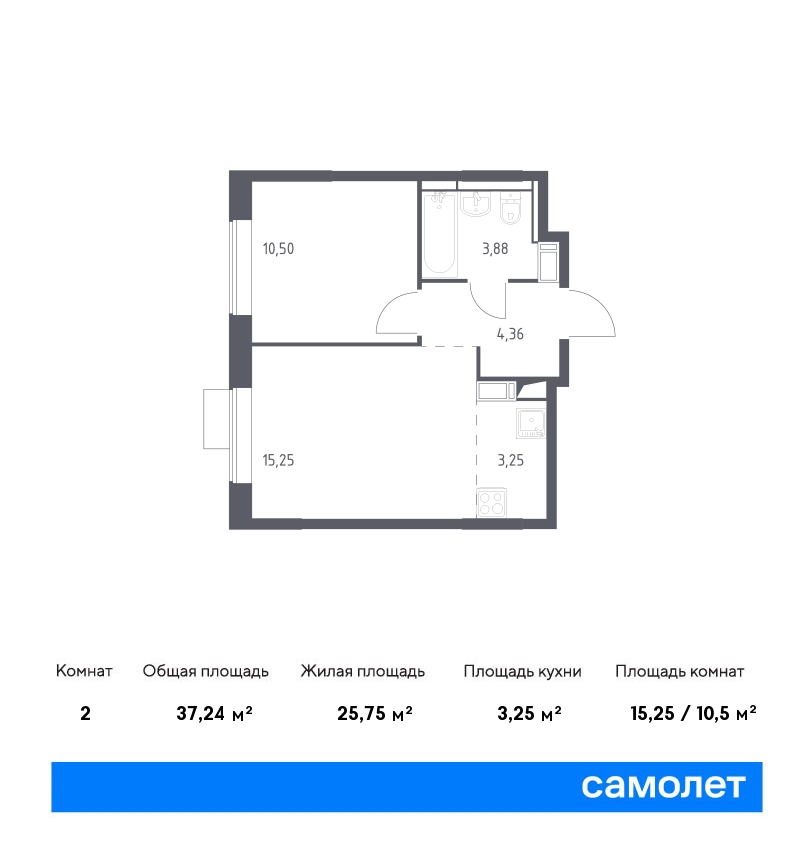 1 комн. квартира, 37.2 м², 4 этаж  (из 12)