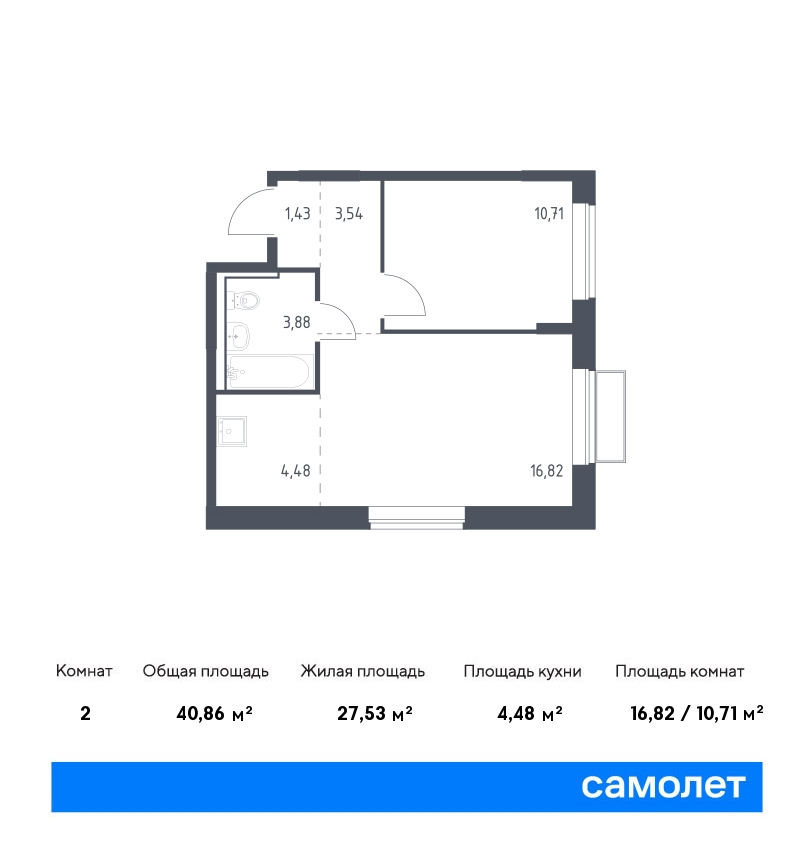 1 комн. квартира, 40.9 м², 2 этаж  (из 17)