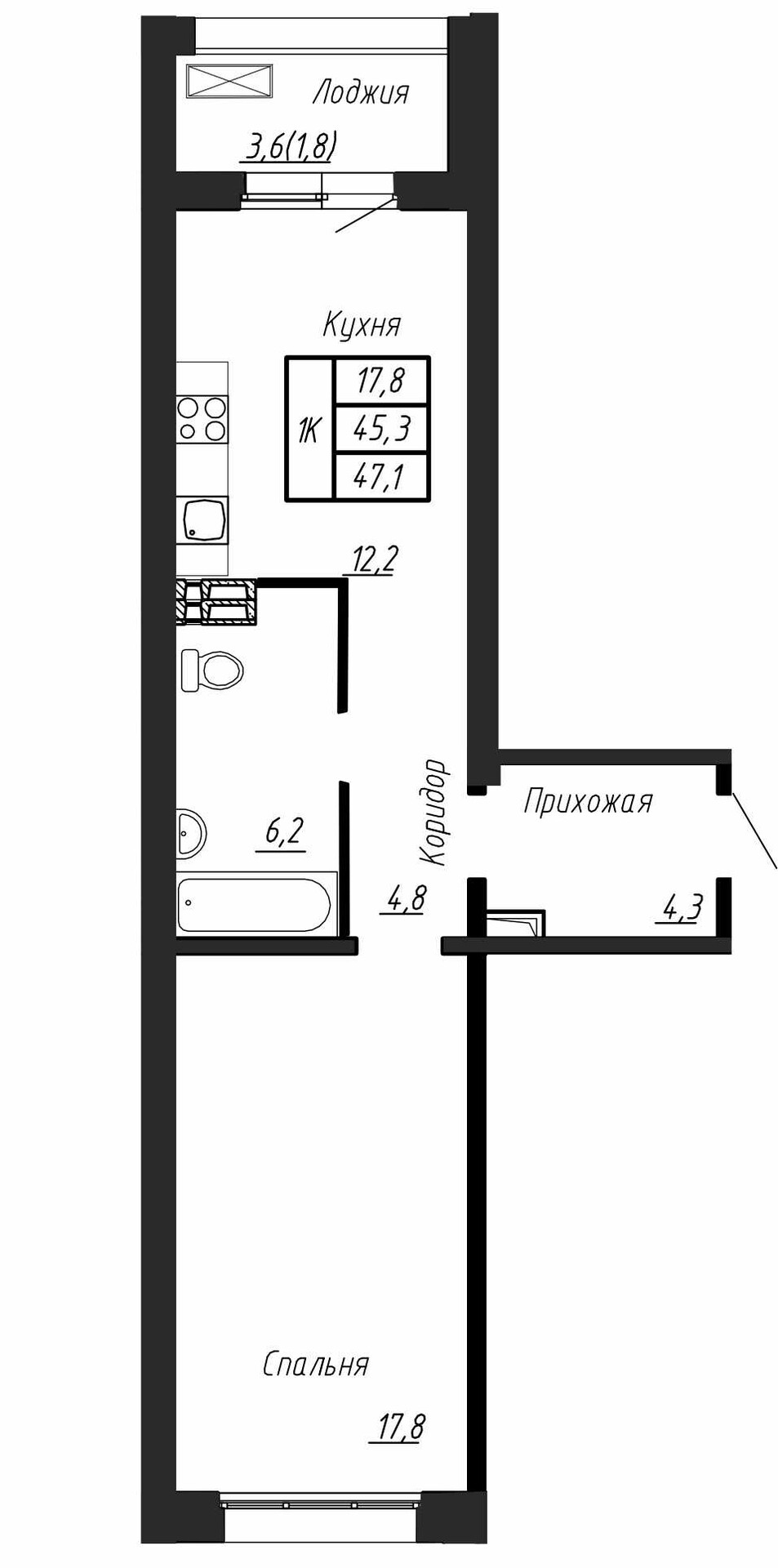 1 комн. квартира, 47 м², 1 этаж 