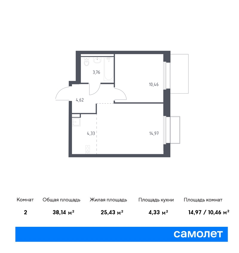 1 комн. квартира, 38.1 м², 12 этаж  (из 17)