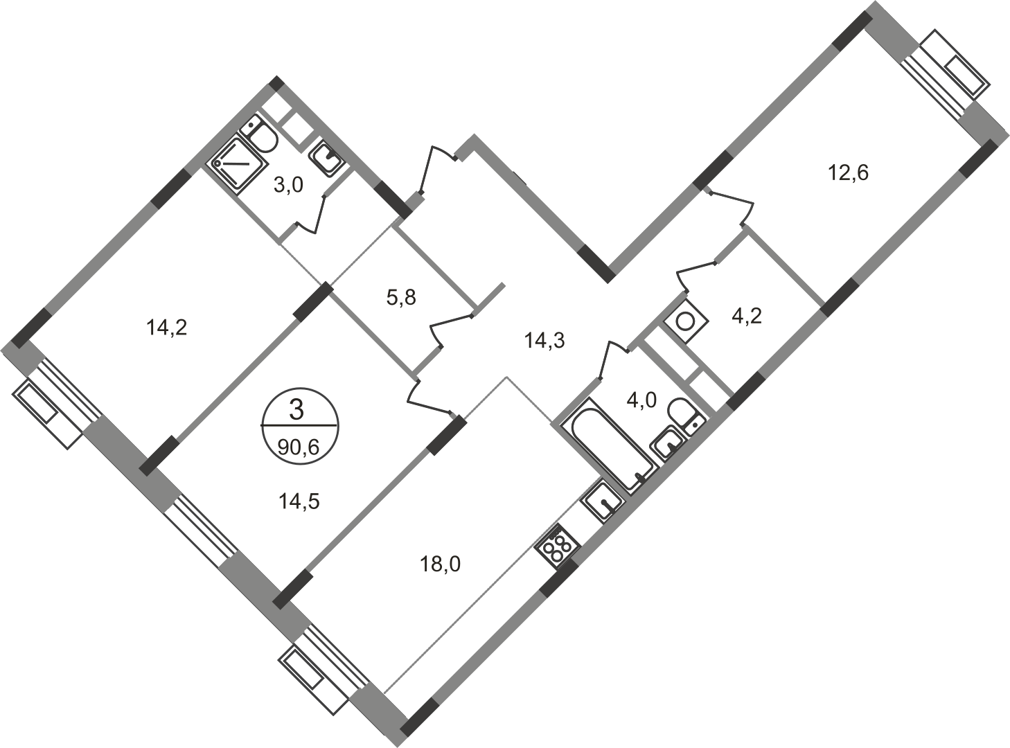 3 комн. квартира, 90.6 м², 9 этаж  (из 9)