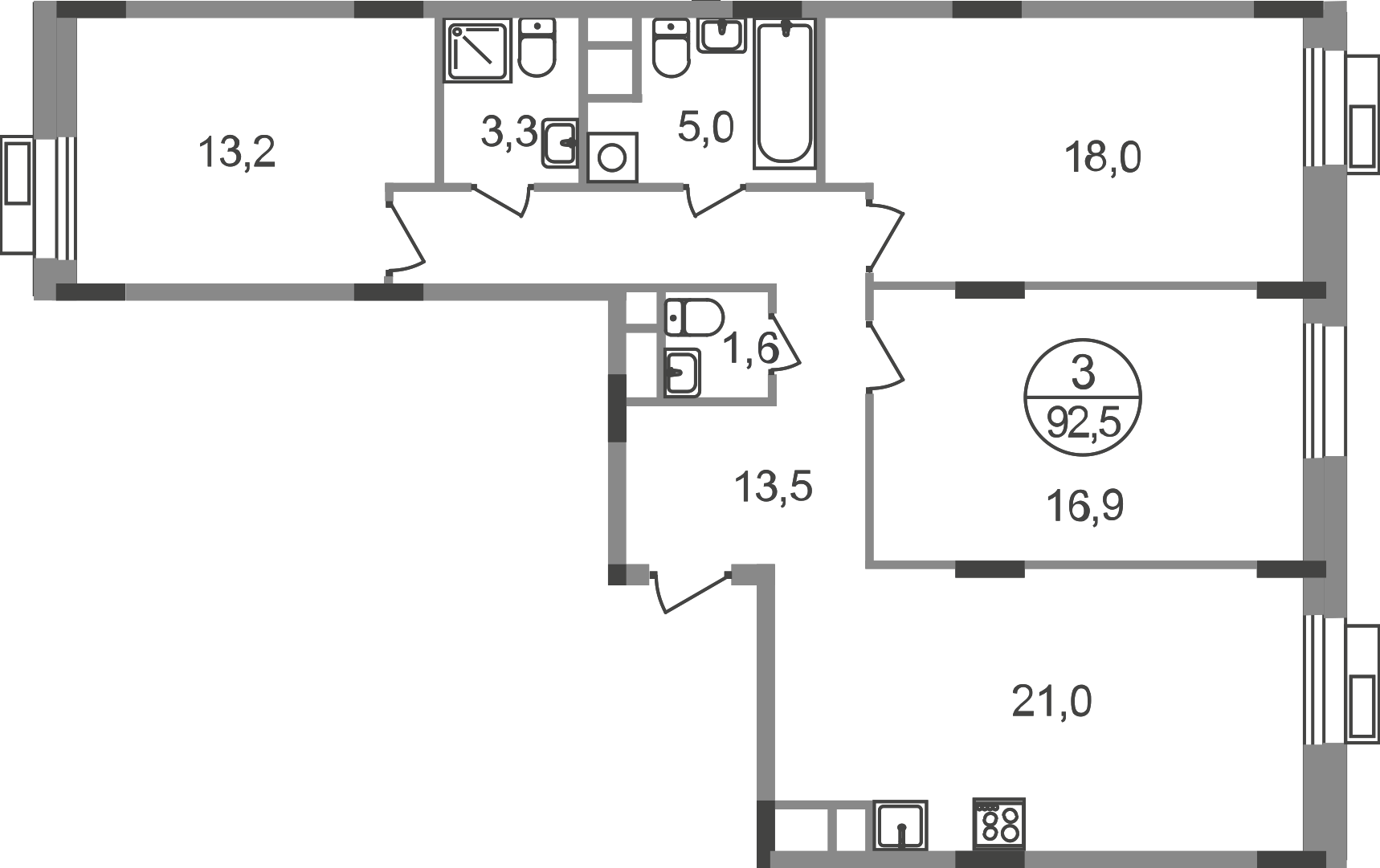 3 комн. квартира, 92.5 м², 8 этаж  (из 9)