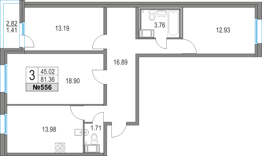 3 комн. квартира, 81.4 м², 4 этаж 