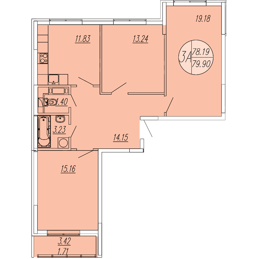 3 комн. квартира, 79.9 м², 4 этаж 