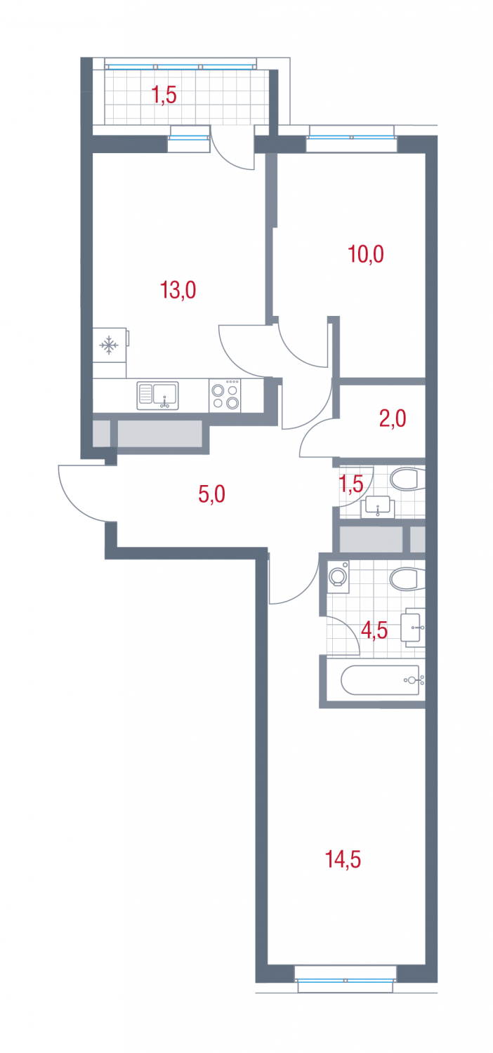 2 комн. квартира, 52 м², 12 этаж 