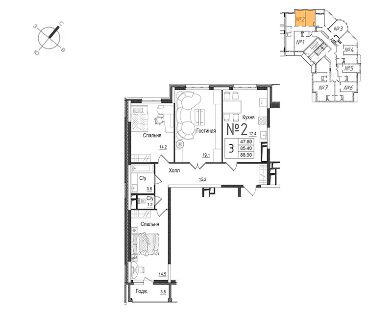 3 комн. квартира, 88.9 м², 4 этаж 