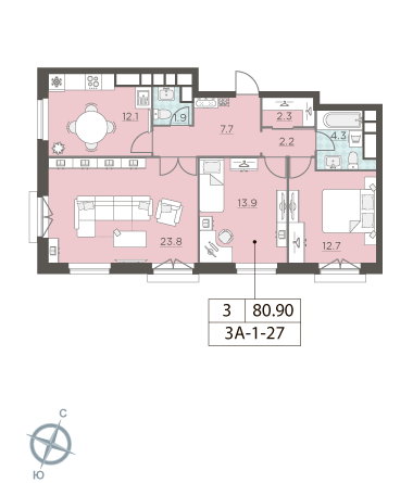 3 комн. квартира, 80.8 м², 27 этаж 