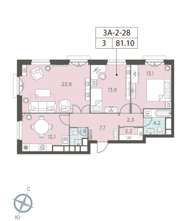 3 комн. квартира, 81.2 м², 28 этаж 
