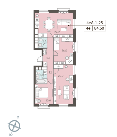 3 комн. квартира, 84.6 м², 25 этаж 