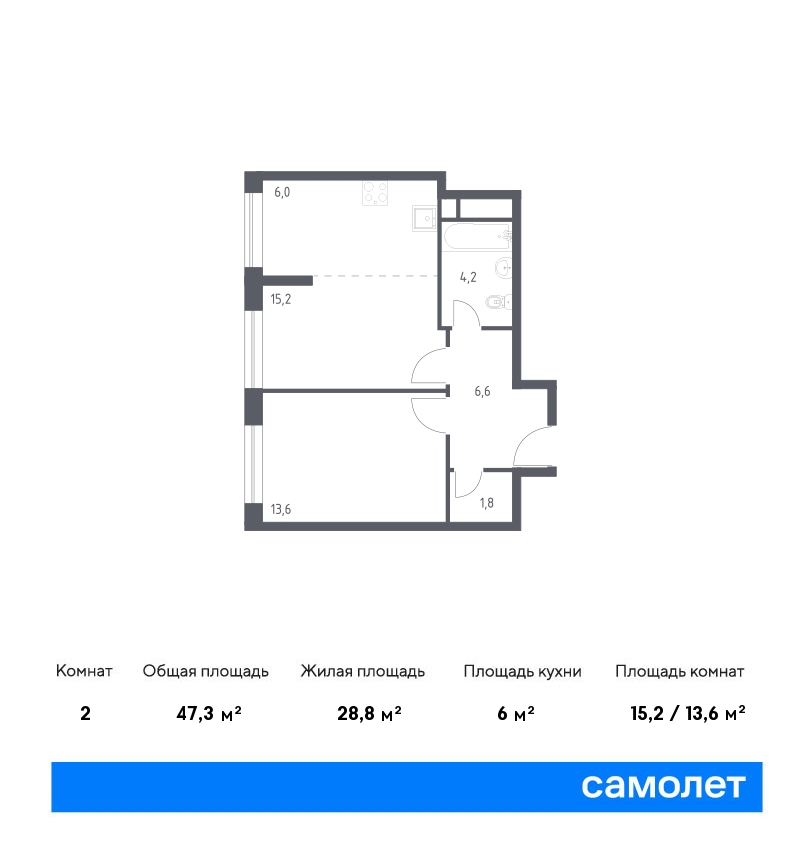 1 комн. квартира, 47.3 м², 2 этаж  (из 21)