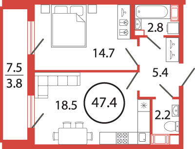 1 комн. квартира, 47.4 м², 8 этаж 
