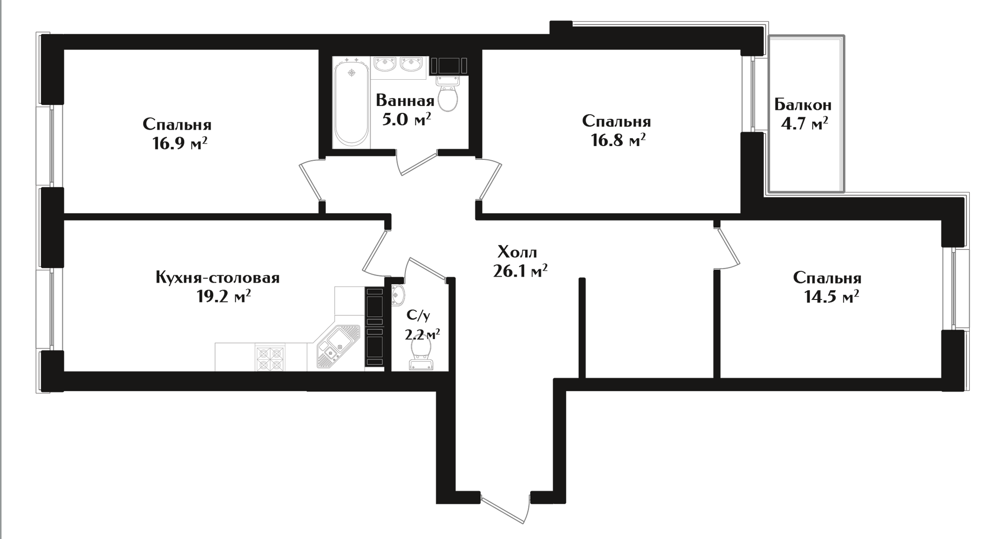 3 комн. квартира, 102.1 м², 7 этаж 