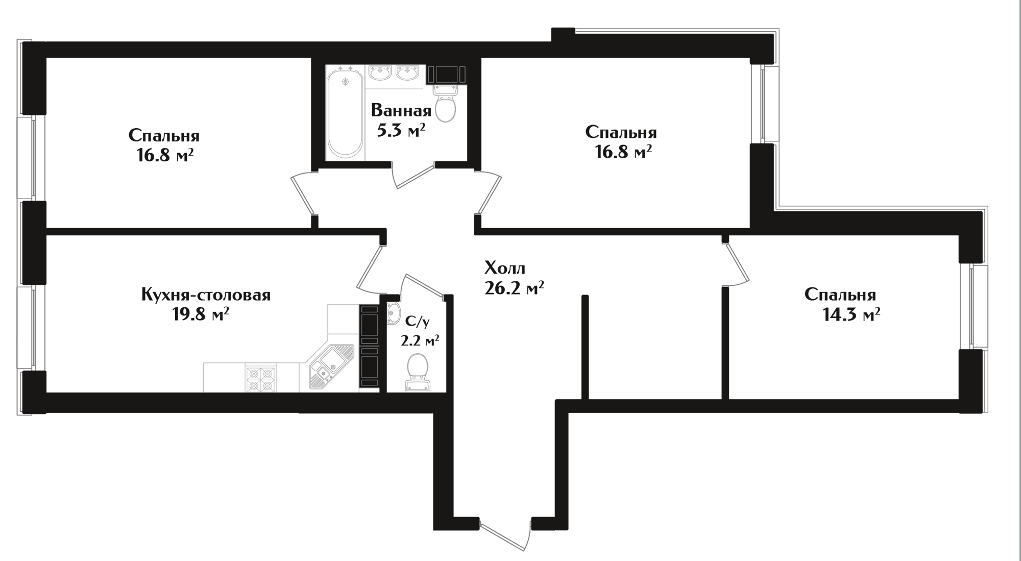 3 комн. квартира, 101.4 м², 2 этаж 