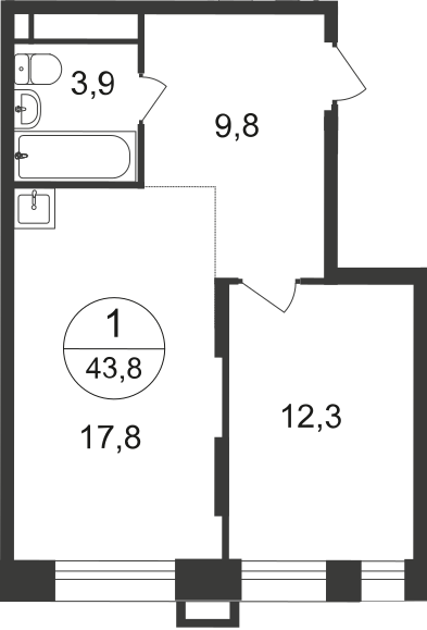 1 комн. квартира, 43.8 м², 9 этаж  (из 20)