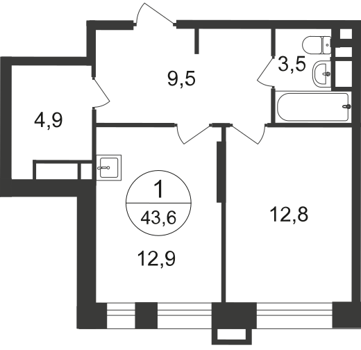 1 комн. квартира, 43.6 м², 6 этаж  (из 20)