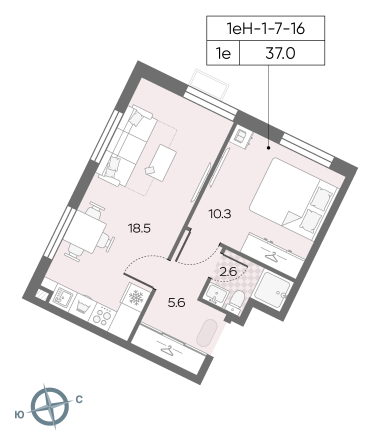1 комн. квартира, 37 м², 16 этаж 