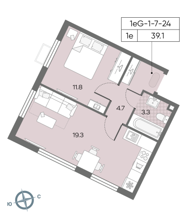 1 комн. квартира, 39.1 м², 24 этаж 