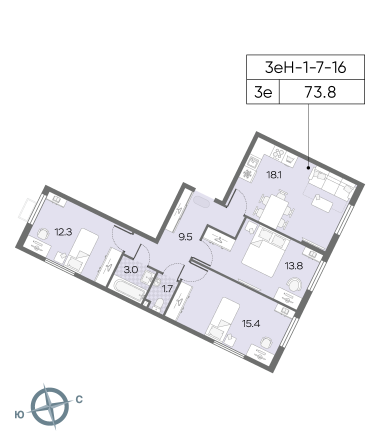 3 комн. квартира, 73.8 м², 13 этаж 