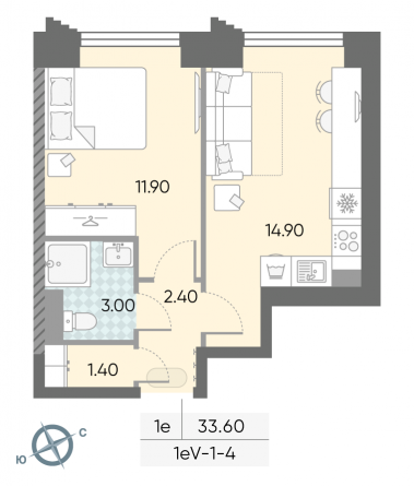 1 комн. квартира, 33.6 м², 4 этаж 